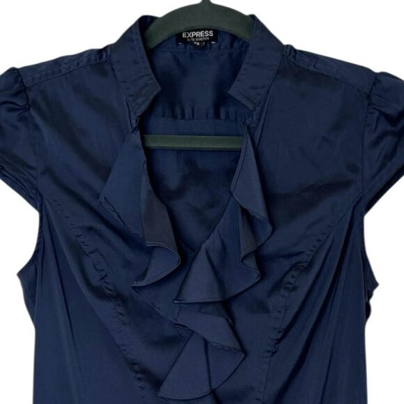 Express Stretch Satin Ruffle Short Sleeve Top - Picture 2 of 5